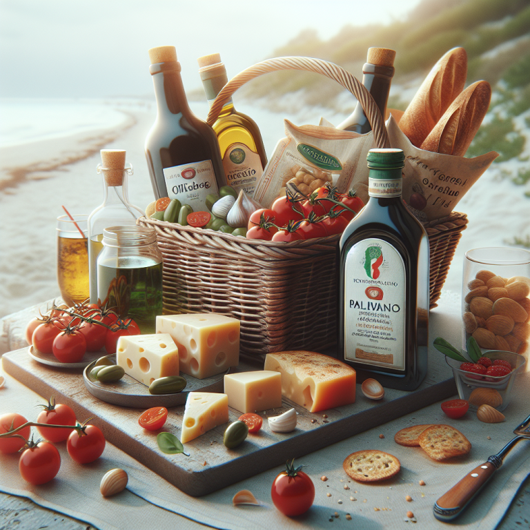 A basket filled with various Italian food items including oils, cheese, tomatoes, and bread.