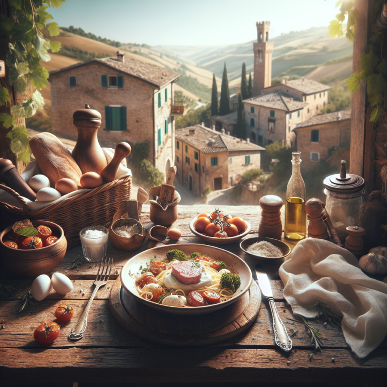 Plate of pasta with various ingredients including tomatoes, eggs, and herbs on a wooden table.