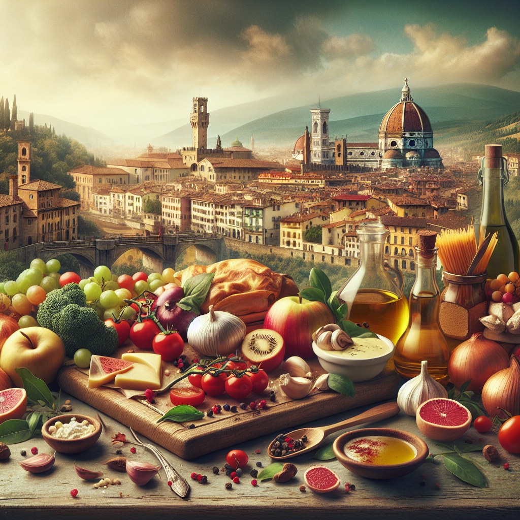 A variety of fresh ingredients including fruits, vegetables, cheese, and olive oil arranged on a wooden board.