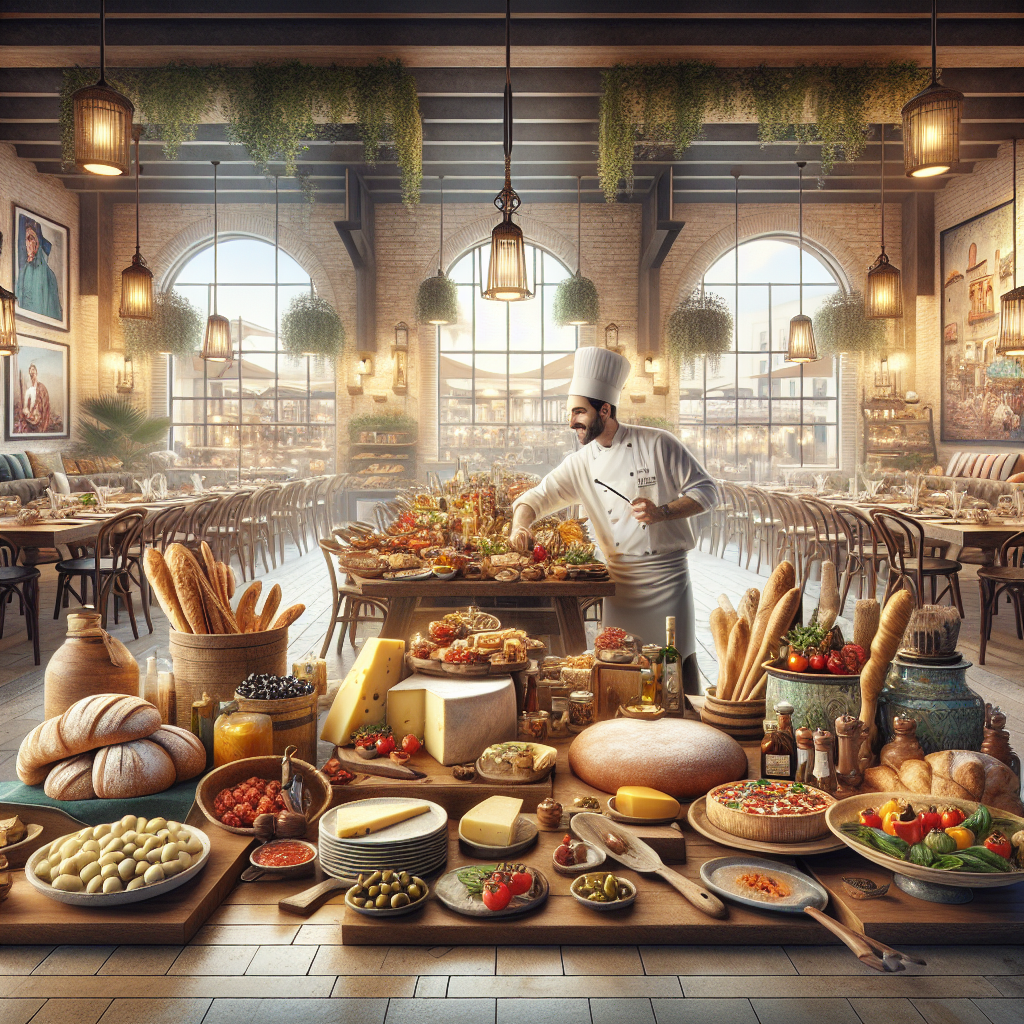 Chef arranging a variety of Italian dishes and ingredients on a table in a restaurant setting.