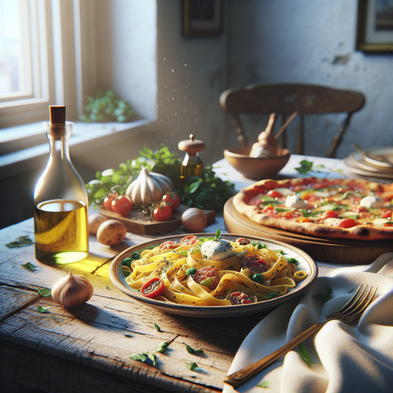 A plate of pasta topped with cherry tomatoes and cheese, accompanied by a bottle of olive oil and a pizza.