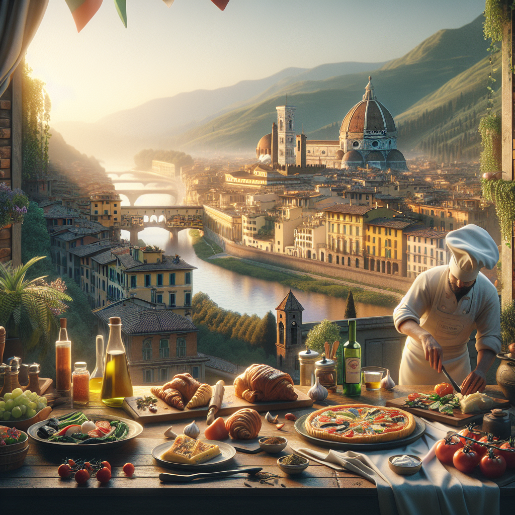 Chef preparing a variety of Italian dishes with a scenic view of Florence in the background.