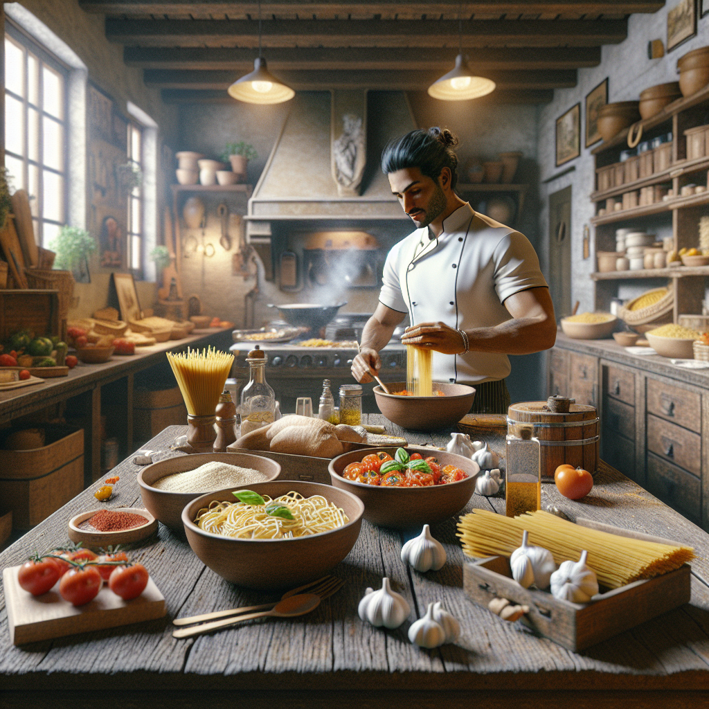 Chef in a traditional kitchen preparing pasta with various ingredients on the table.