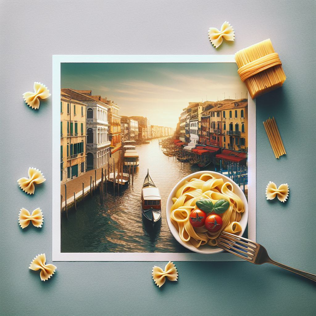A bowl of pasta with cherry tomatoes and basil next to a scenic photo of a canal in a city.