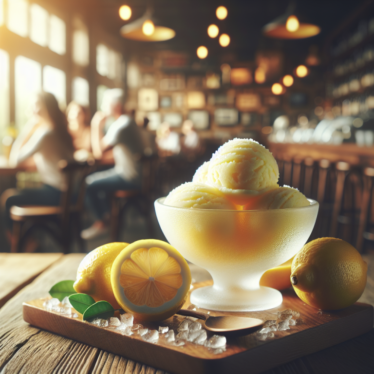 Lemon sorbet served in a glass bowl with fresh lemons and ice on a wooden table.