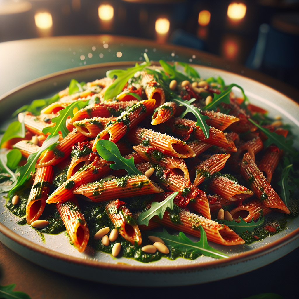 Plate of mezze penne pasta topped with red pesto, arugula, and pine nuts.