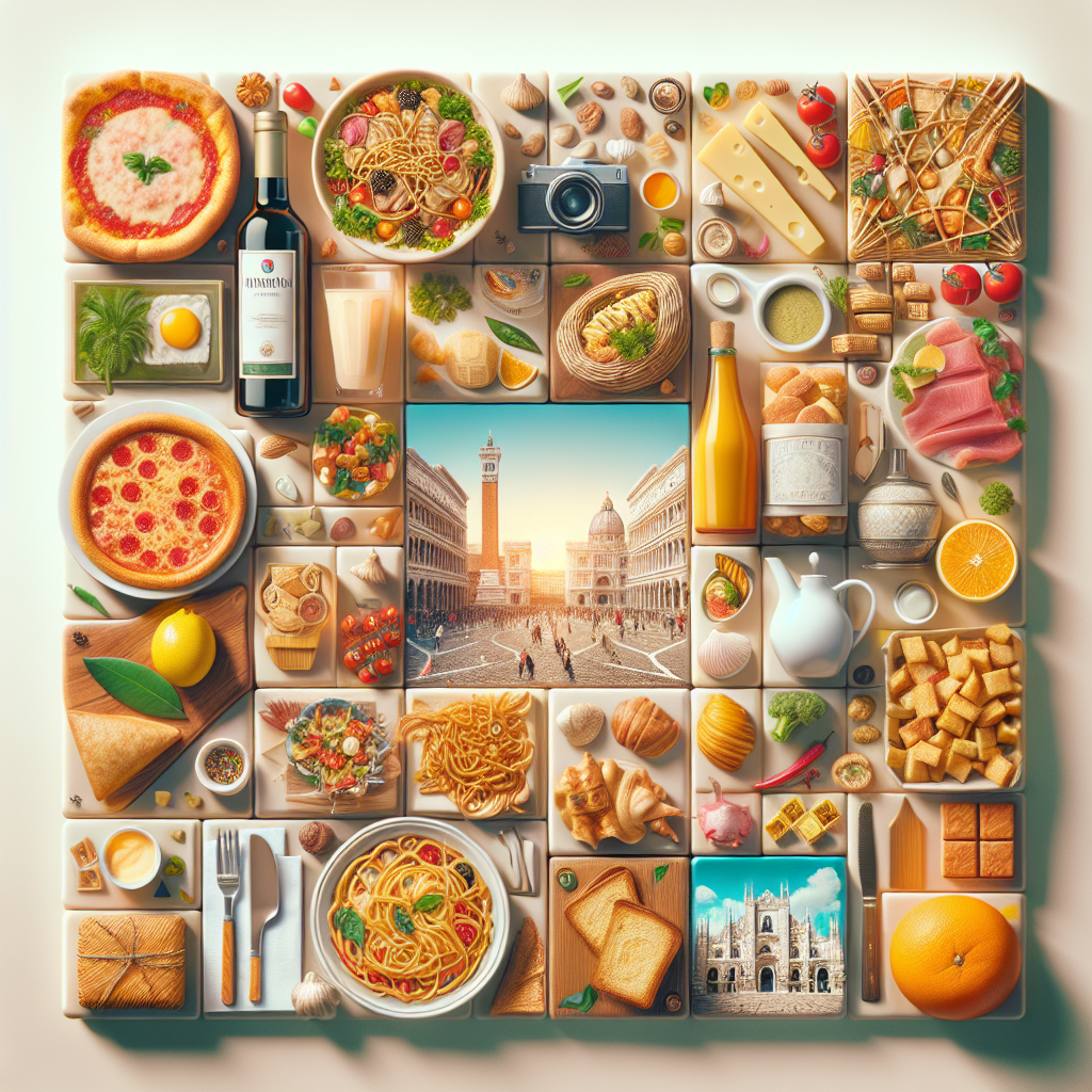 A vibrant arrangement of various Italian dishes, ingredients, and a scenic view of a piazza.