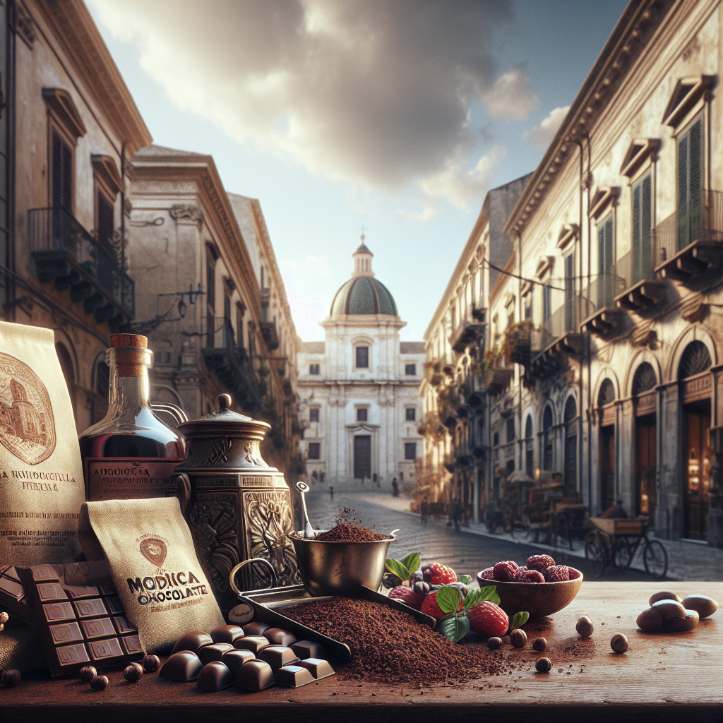 Display of Modica chocolate, cocoa beans, and other ingredients on a wooden table in a street setting.