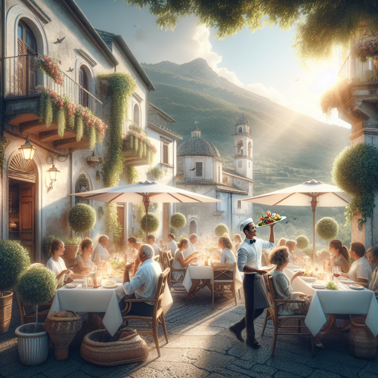 A waiter serving food to diners at an outdoor restaurant in a village setting with mountains in the background.