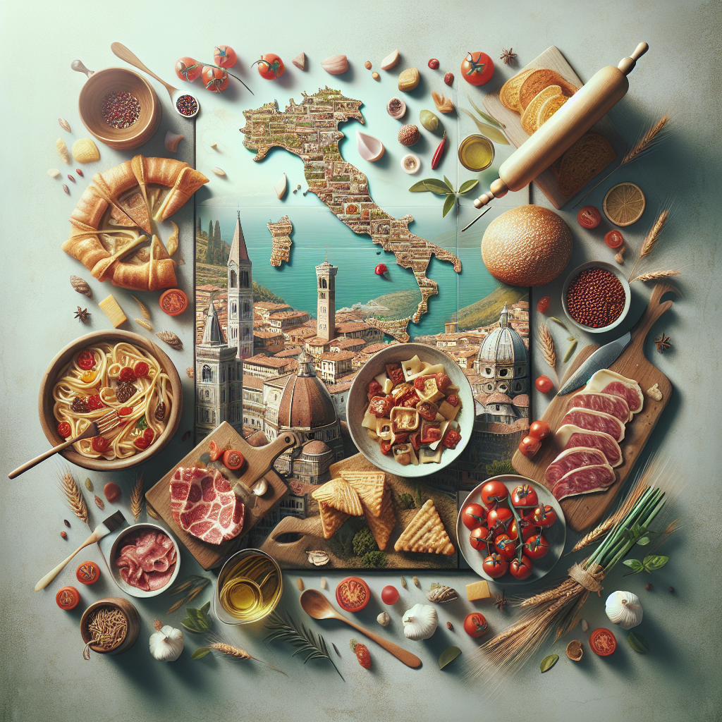 An assortment of Italian food items arranged around a map of Italy, featuring pasta, tomatoes, and meats.