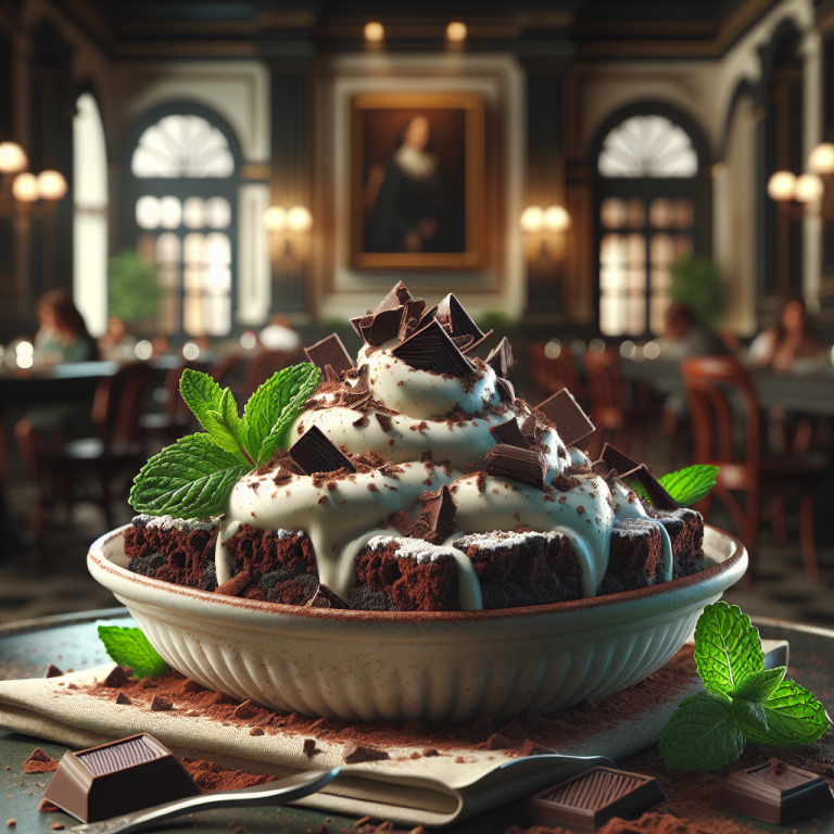 A bowl of no-bake mint chocolate crumble topped with whipped cream, chocolate pieces, and mint leaves.
