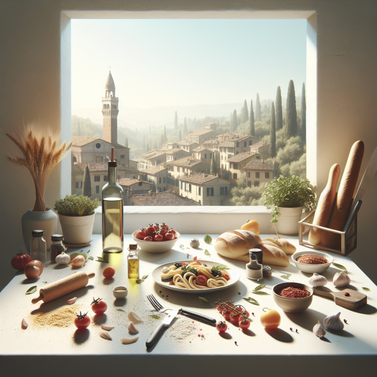 A table displaying various ingredients for Italian cuisine, including pasta, tomatoes, and bread.