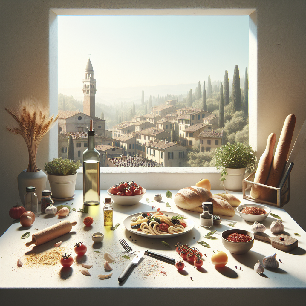 A table displaying various ingredients for Italian cuisine, including pasta, tomatoes, and bread. A table displaying various ingredients for Italian cuisine, including pasta, tomatoes, and bread.
