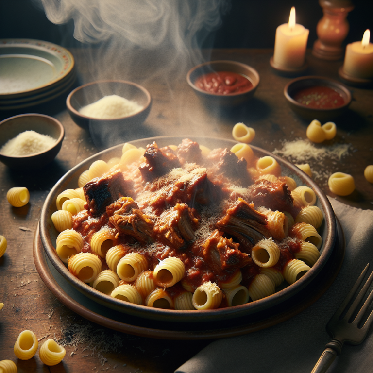 Plate of orecchiette pasta topped with rib sauce and grated cheese, with steam rising.