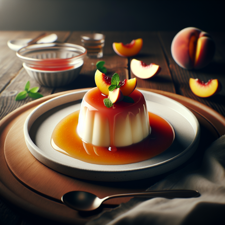 Panna cotta dessert topped with peach slices and coulis on a plate with a spoon.