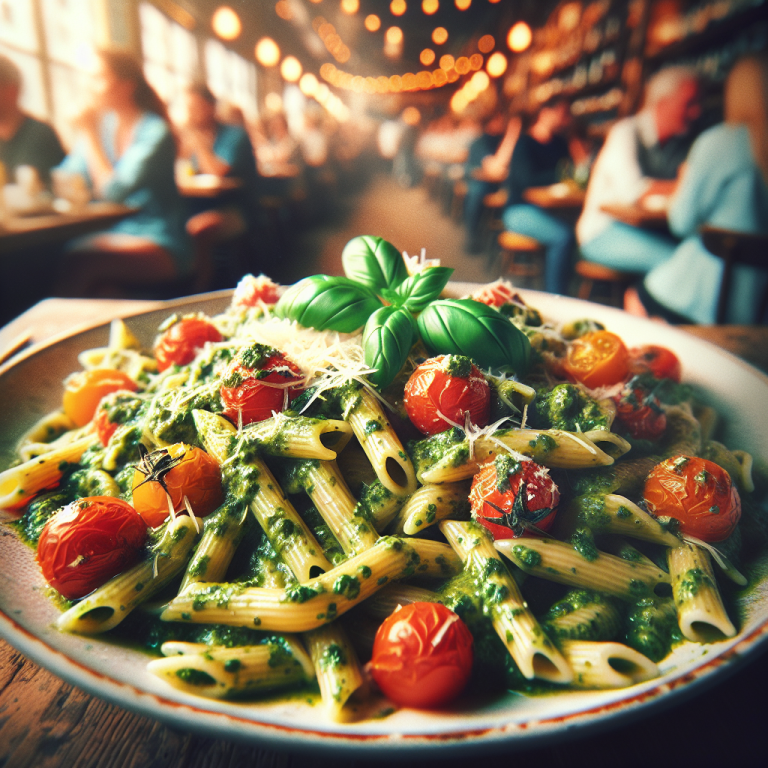 Plate of pasta topped with pesto sauce and cherry tomatoes, garnished with basil leaves.