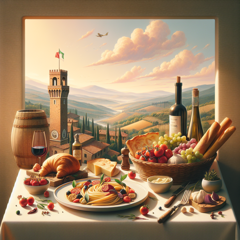 A spread featuring pasta, wine, cheese, and various vegetables against a scenic Italian backdrop.