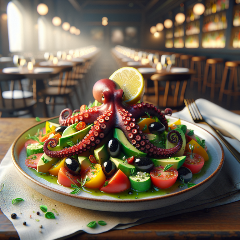 A plate of octopus salad featuring an octopus on a bed of mixed vegetables and lemon slices.