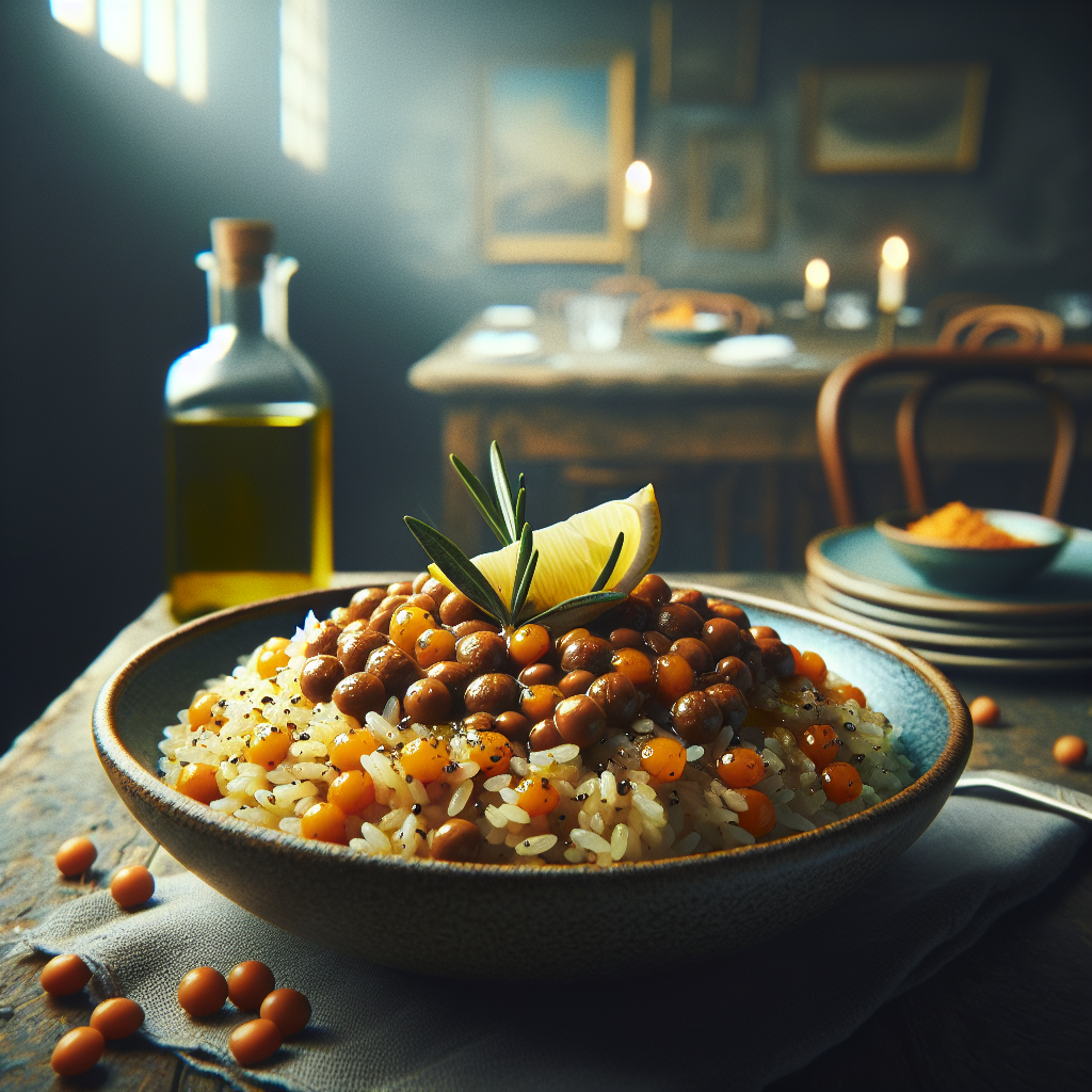 Bowl of rice topped with lentils, lemon slice, and olive oil on a wooden table.