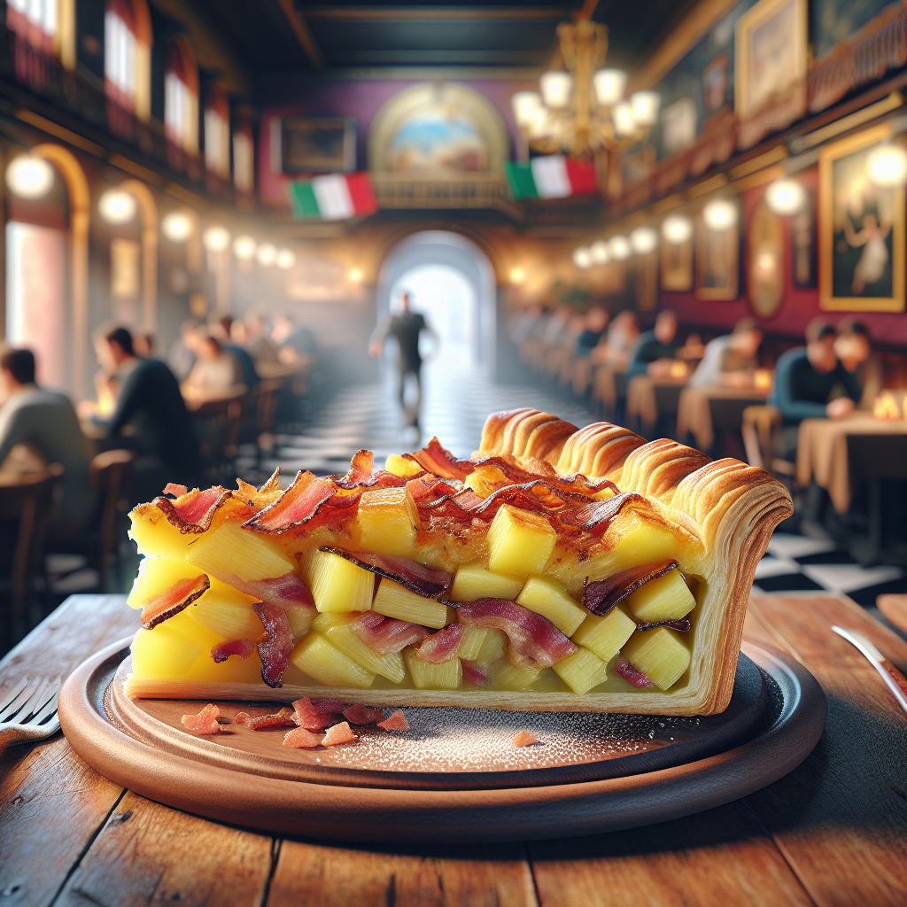 A slice of savory potato and bacon tart displayed on a wooden plate in a restaurant setting.