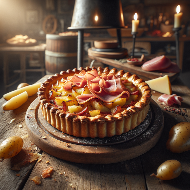 Savory tart topped with ham, scamorza cheese, and potatoes on a wooden surface.
