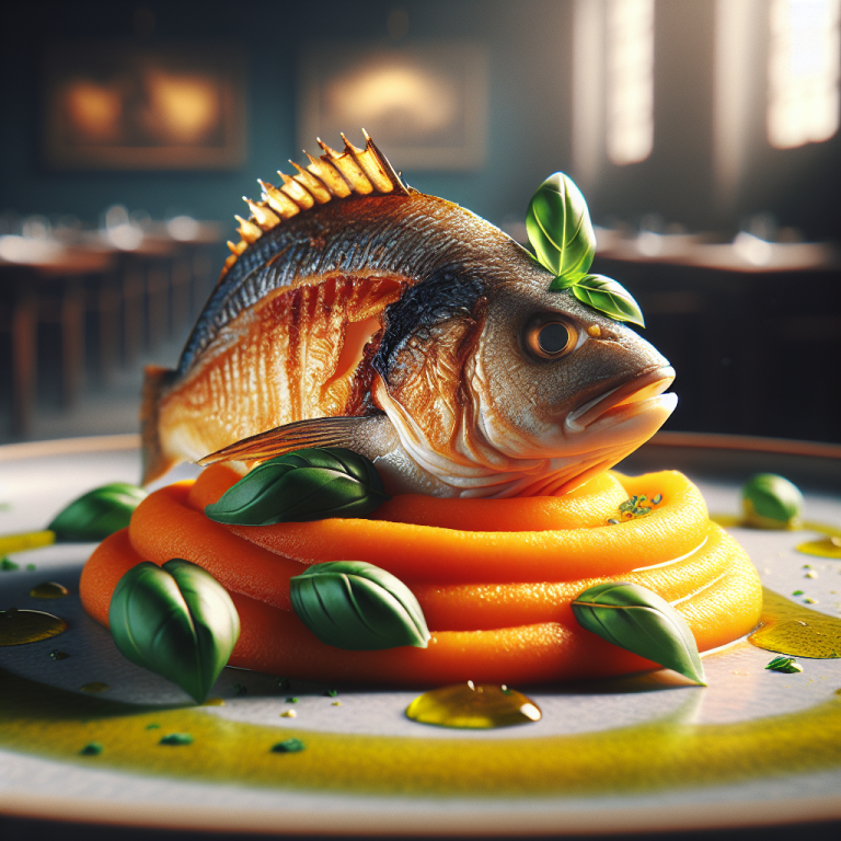 Seared sea bream fish placed on a bed of carrot cream with basil leaves garnishing the dish.