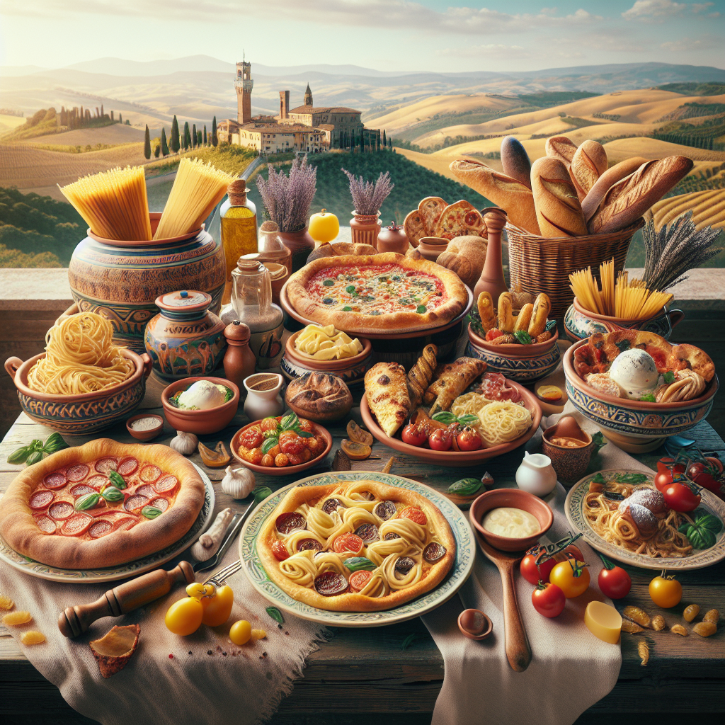 A variety of Italian dishes including pizza, pasta, and bread displayed on a table.
