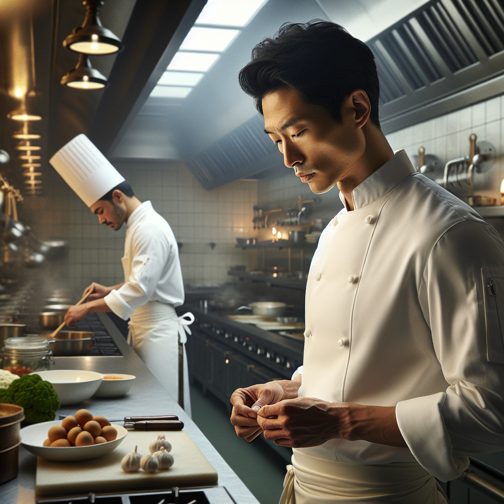 Two chefs working in a professional kitchen, one preparing ingredients and the other focused on a task.