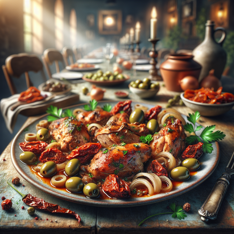 Plate of stewed rabbit with olives and sun-dried tomatoes garnished with herbs.