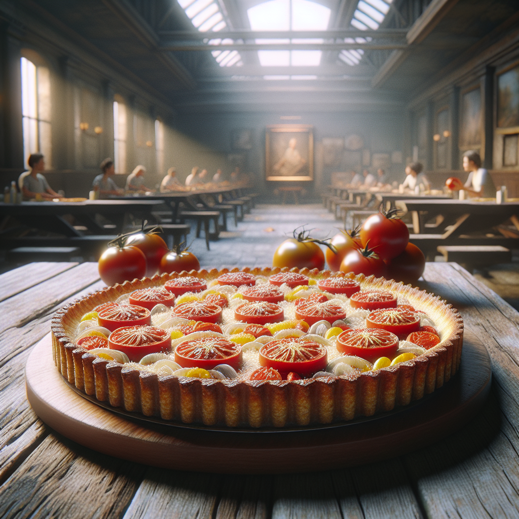 A tart topped with sliced tomatoes and a creamy filling, placed on a wooden table.
