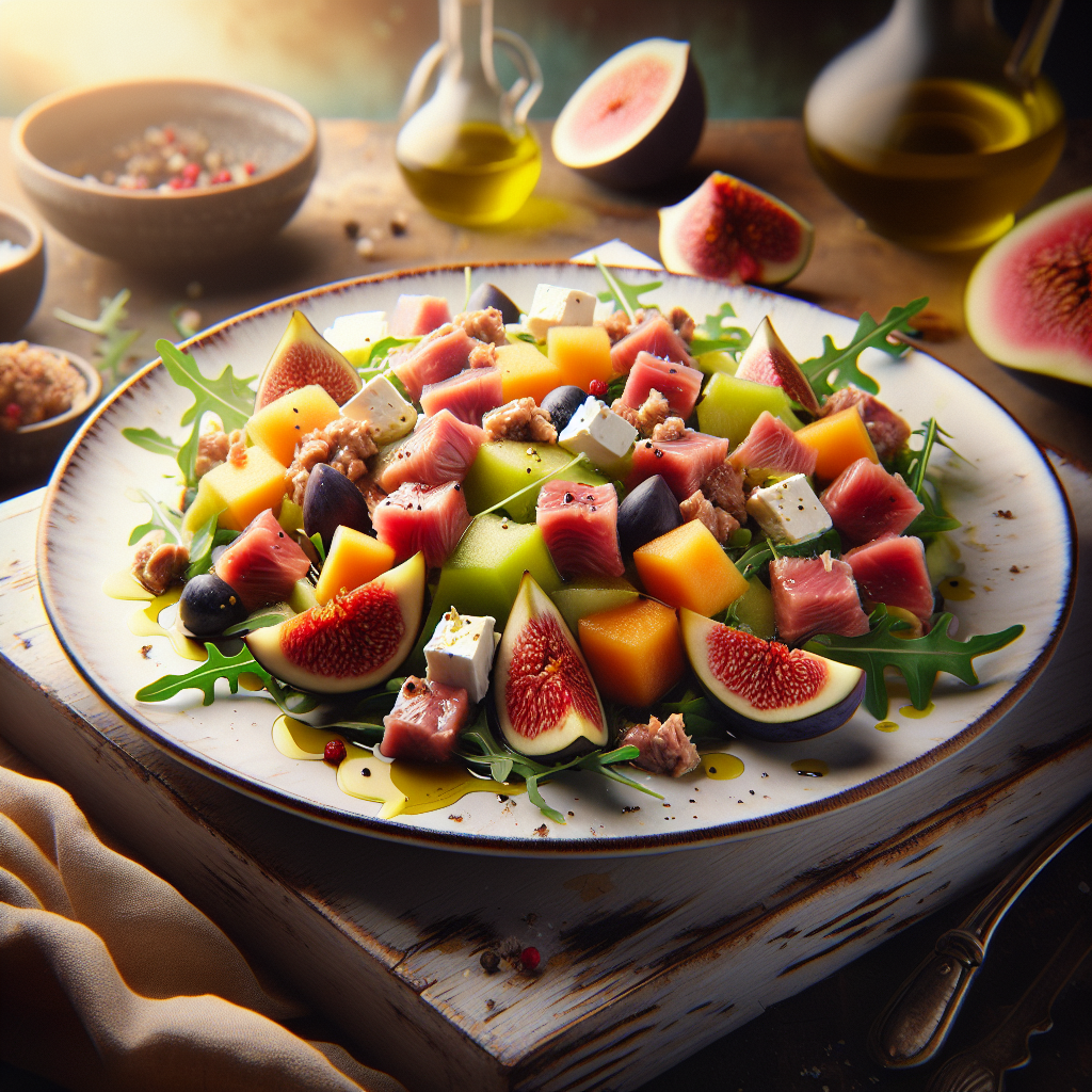 A vibrant summer salad featuring figs, melons, and red tuna served on a plate.