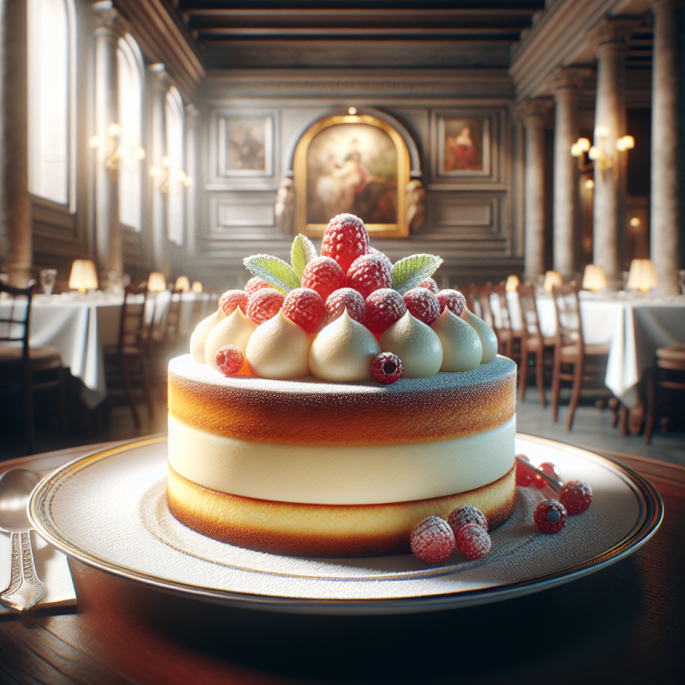 A round Italian cream cake topped with raspberries and decorative cream in a restaurant setting.