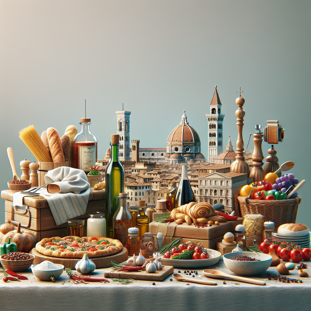A variety of Italian food ingredients arranged on a table with a cityscape backdrop.