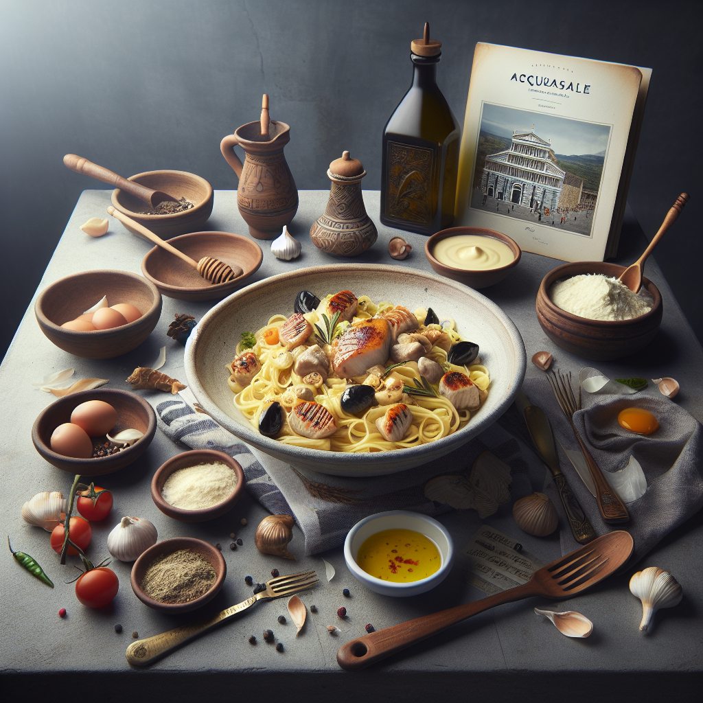 A bowl of Acquasale pasta dish surrounded by various cooking ingredients and utensils.