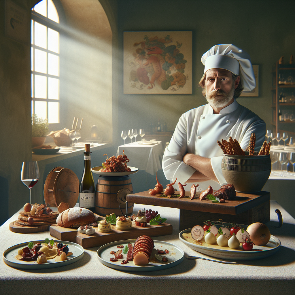 Chef in a white uniform standing behind a table with various culinary dishes and ingredients.