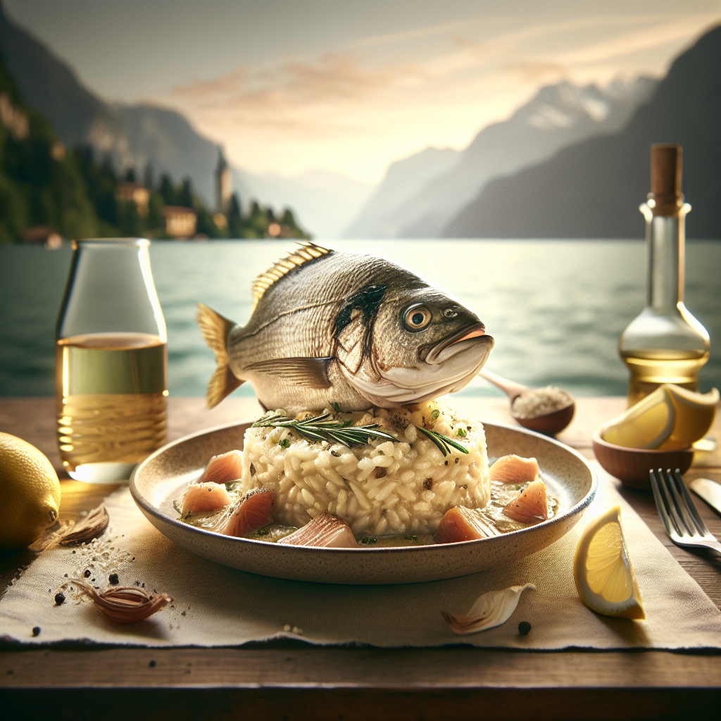 A plate of risotto topped with a whole fish, garnished with herbs and lemon slices.