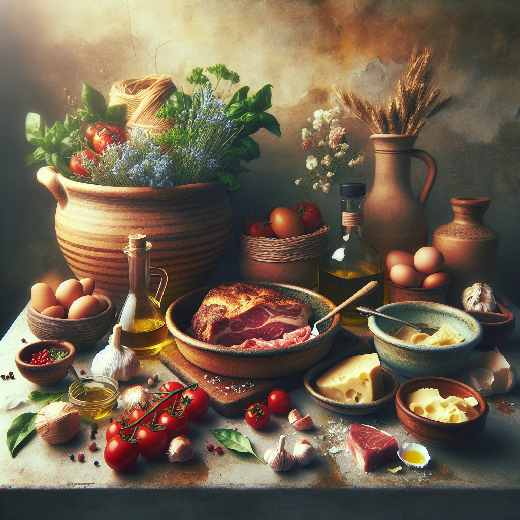 An assortment of Italian culinary ingredients including meat, cheese, vegetables, and herbs arranged on a table.