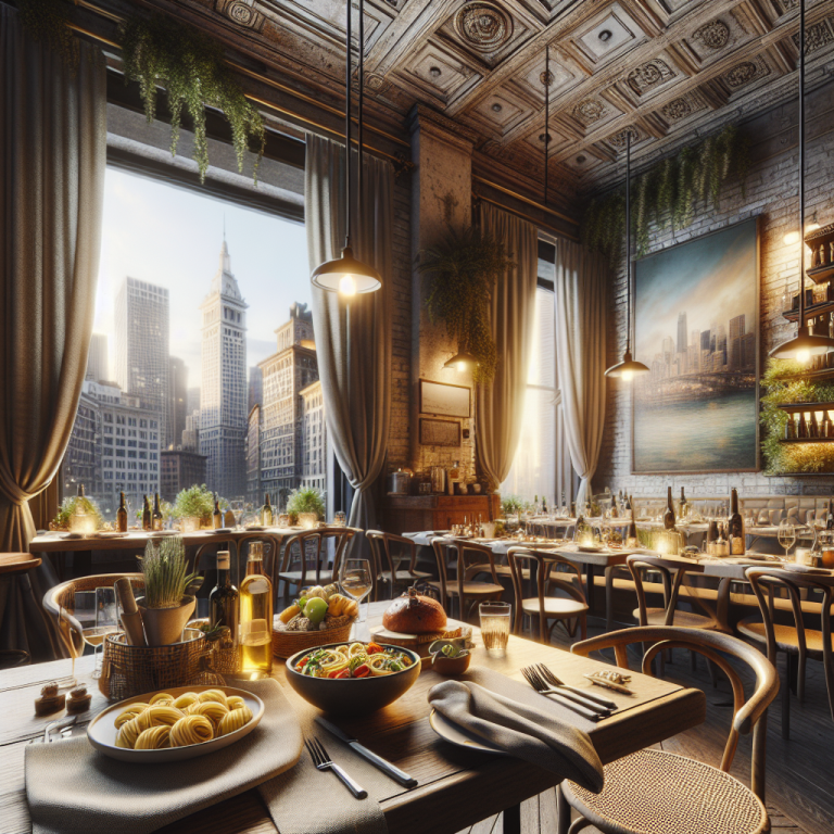 Dining table set with pasta and salad dishes in a restaurant with city view.