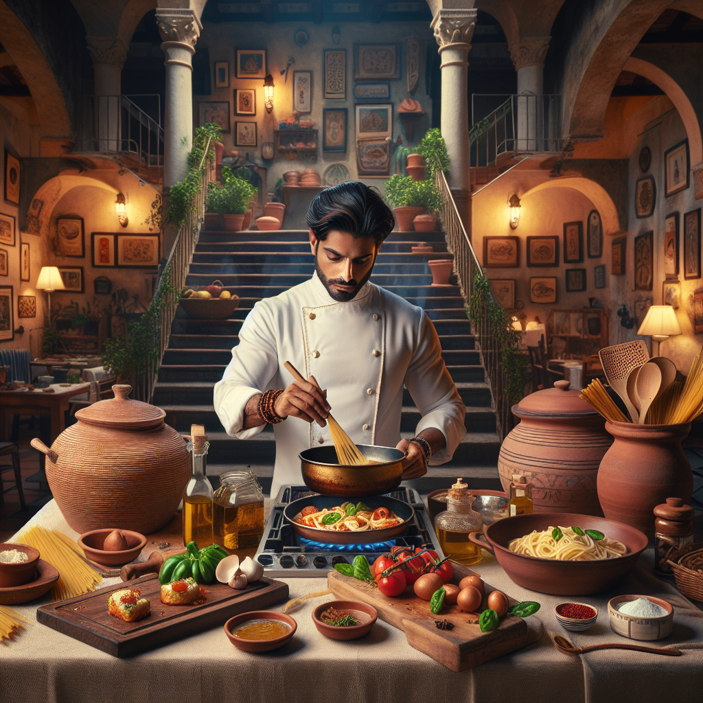 Chef in a white uniform cooking pasta with vegetables in a restaurant kitchen setting.
