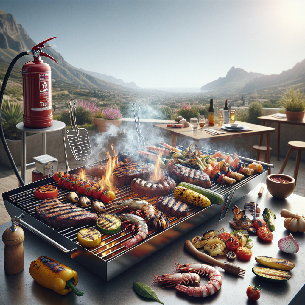 A barbecue grill filled with assorted meats and vegetables, alongside a fire extinguisher and grilling tools.