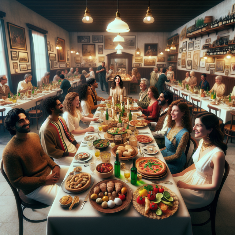 A group of people seated at a long table filled with various dishes and drinks in a dining setting.