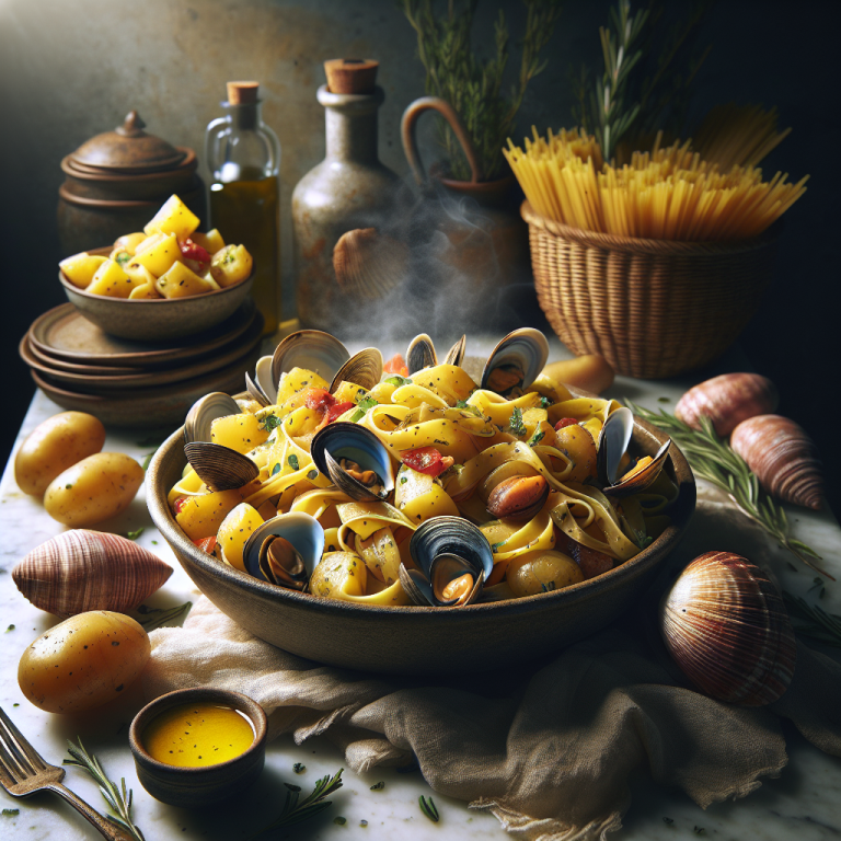 A bowl of pasta with clams, tomatoes, and herbs, garnished with olive oil and surrounded by ingredients.