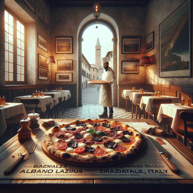 A pizza topped with various ingredients placed on a wooden table in an Italian restaurant.
