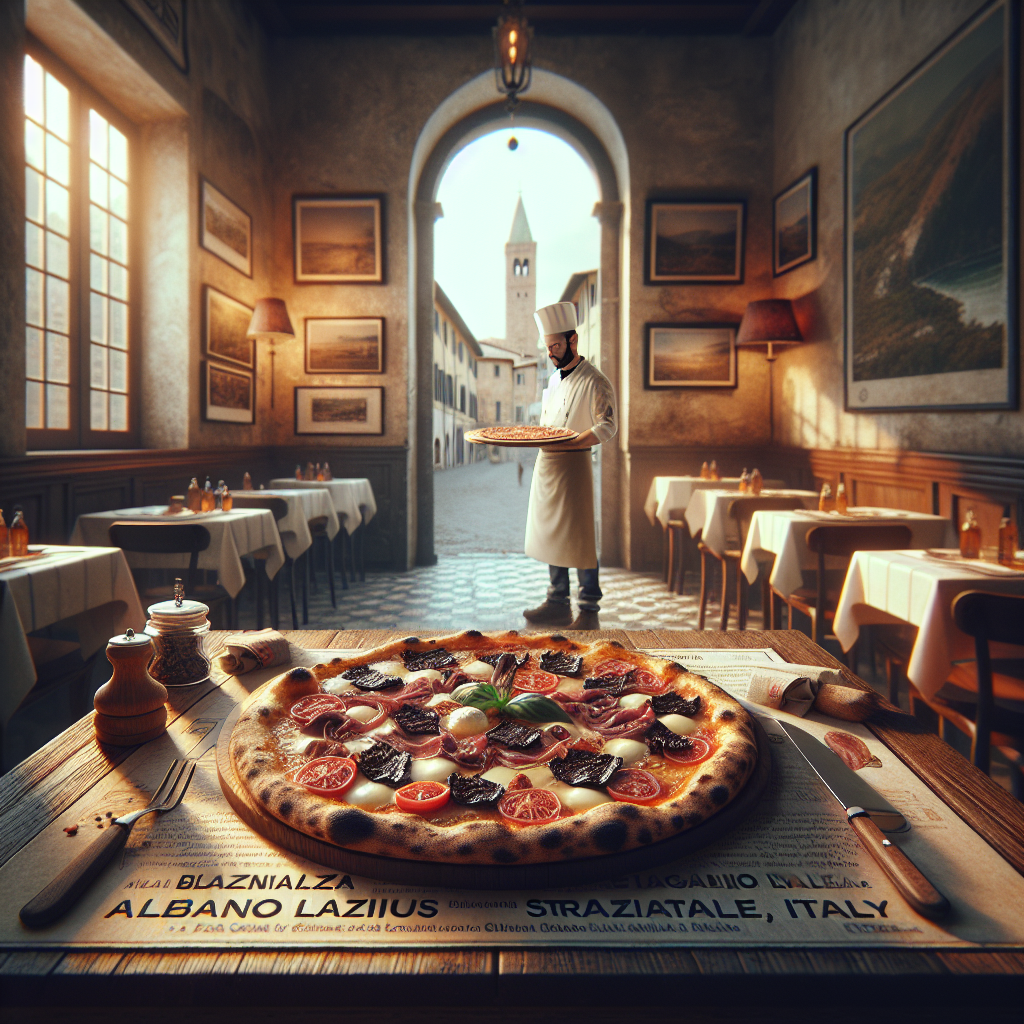 A pizza topped with various ingredients placed on a wooden table in an Italian restaurant.