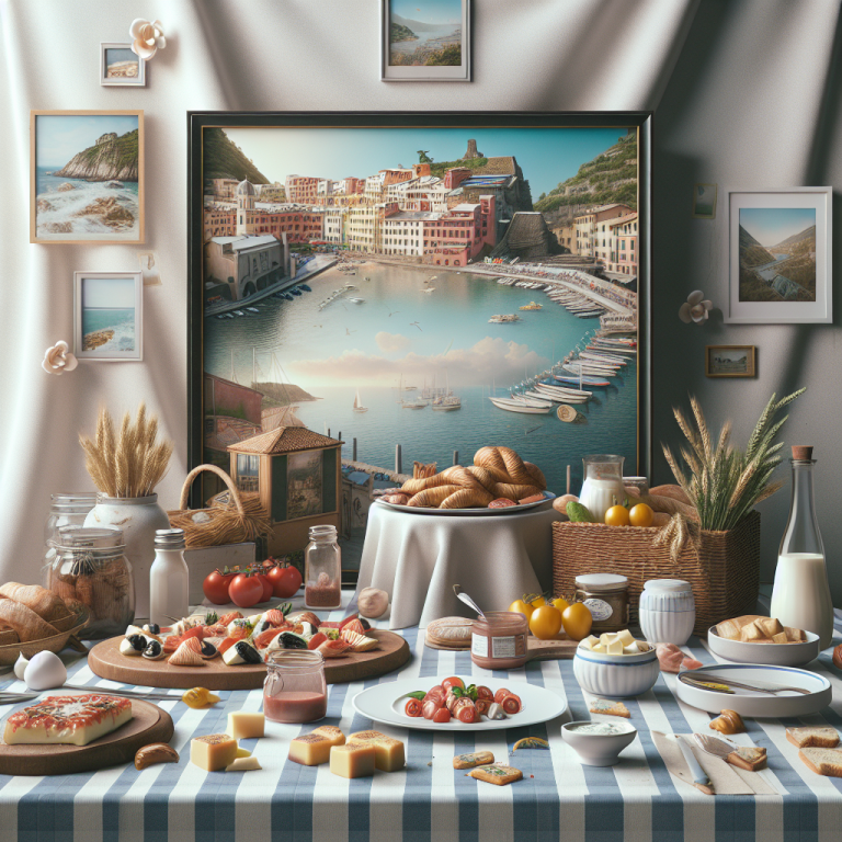 A table displaying an assortment of Italian snacks, including cheeses, breads, and sauces, with a scenic backdrop.