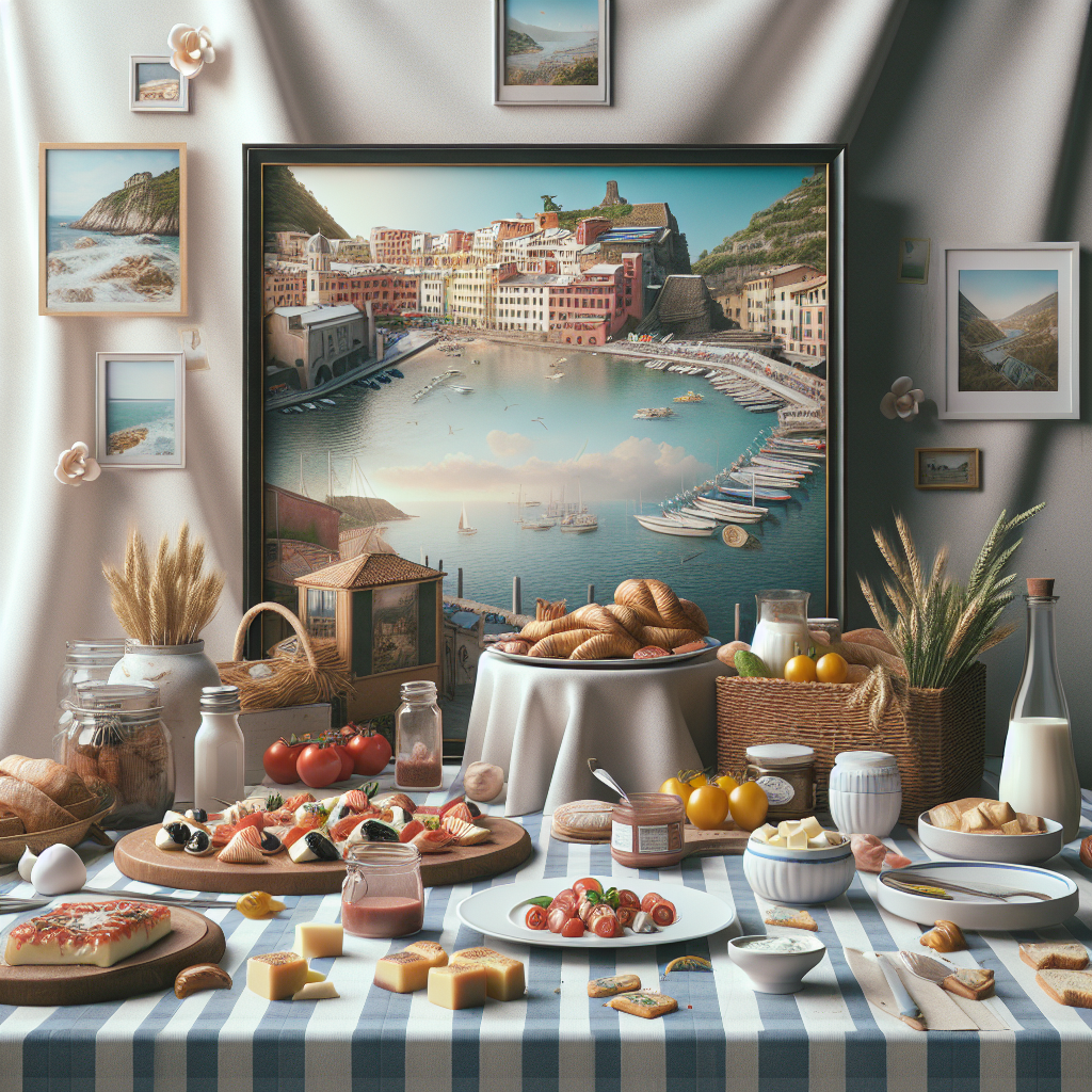 A table displaying an assortment of Italian snacks, including cheeses, breads, and sauces, with a scenic backdrop. A table displaying an assortment of Italian snacks, including cheeses, breads, and sauces, with a scenic backdrop.