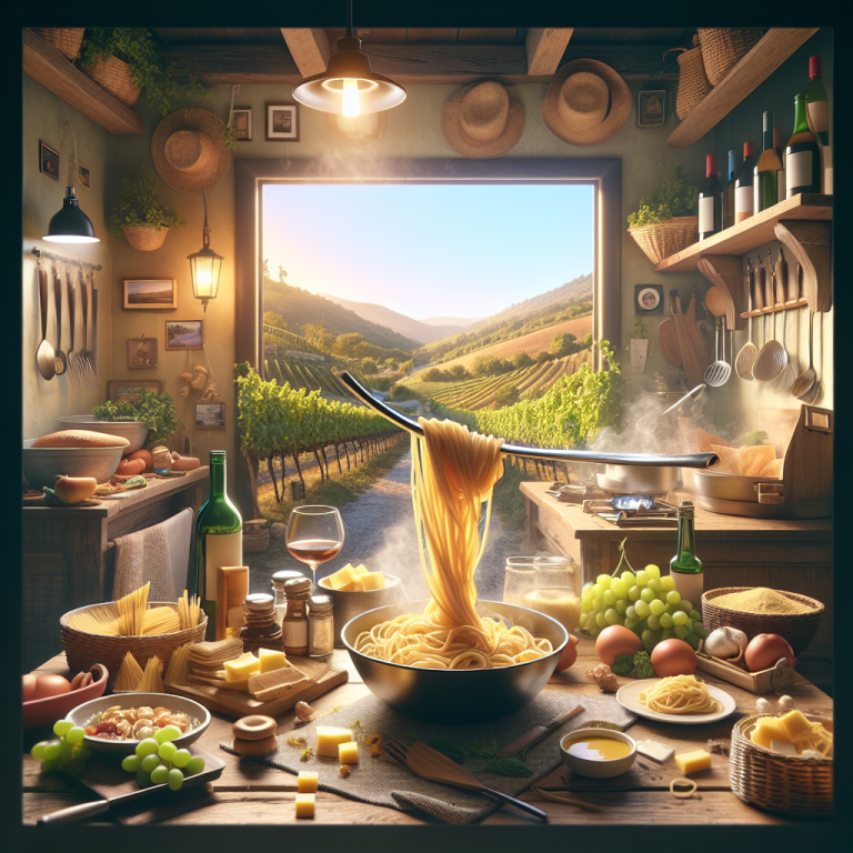 A bowl of pasta being lifted with a fork in a rustic kitchen setting with various ingredients around.