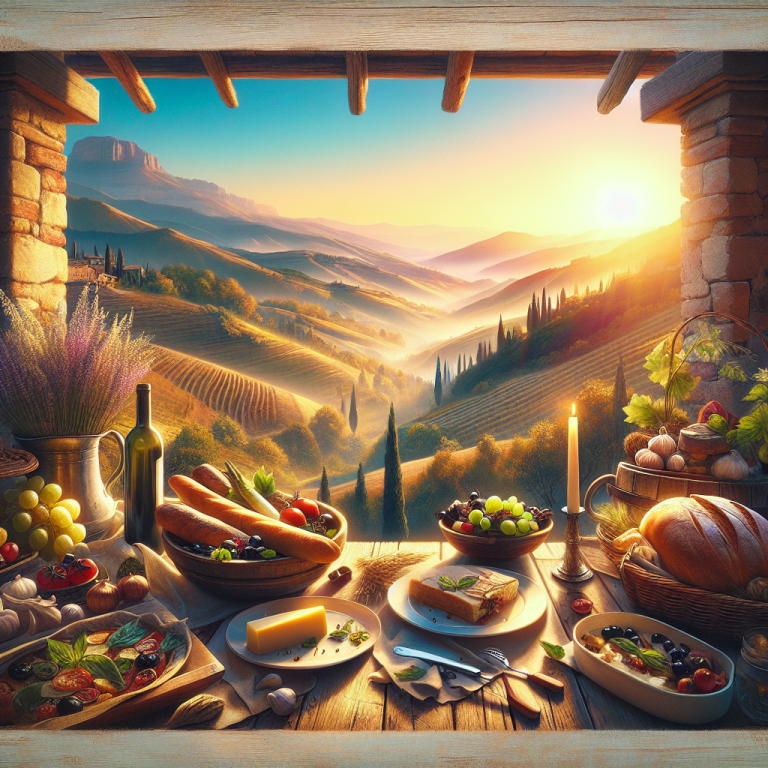 A table set with various foods including bread, cheese, and fruits overlooking a scenic Italian countryside at sunset.