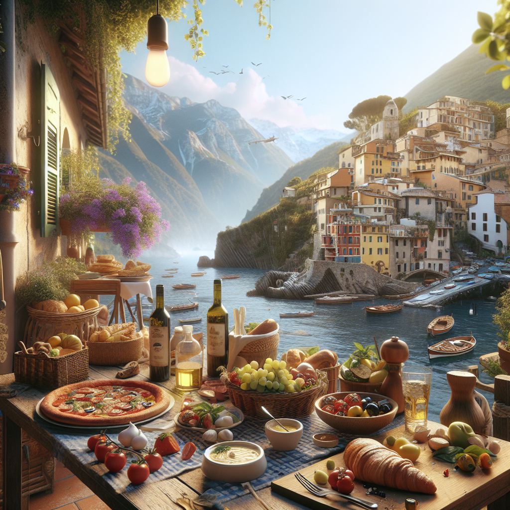 Table set with various Italian dishes and drinks overlooking a coastal village and mountains.