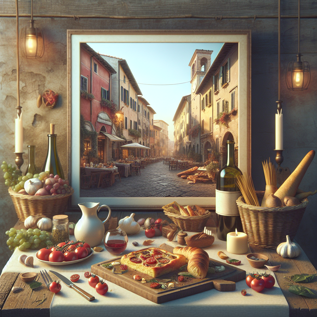 A table featuring various Italian food items with a framed image of a street scene in the background.